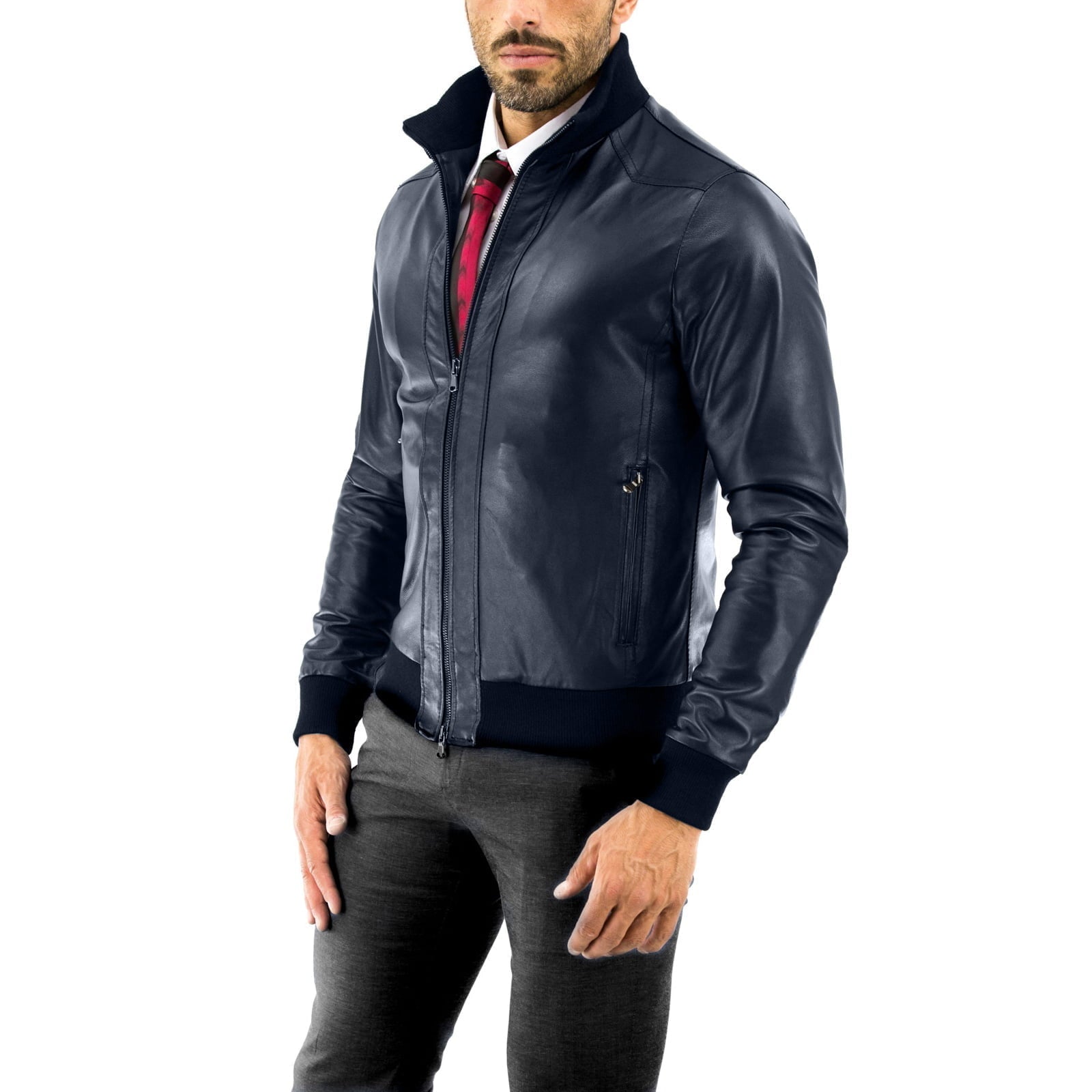 Men's Blue Genuine Leather Bomber Jacket with Rindway Front Beams