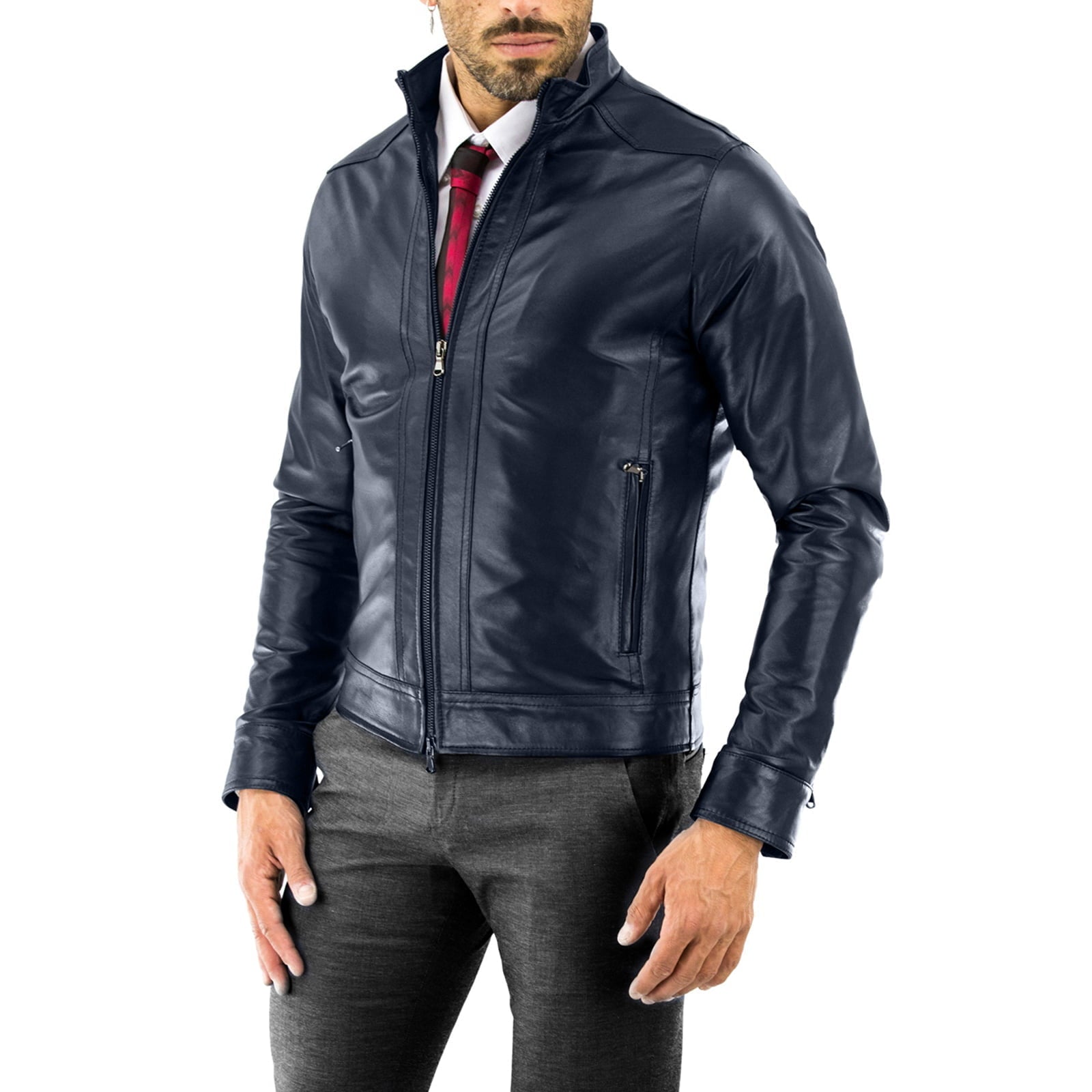 Giacca Biker In Vera Pelle Marrone Uomo Slim Fascioni Frontali Rindway