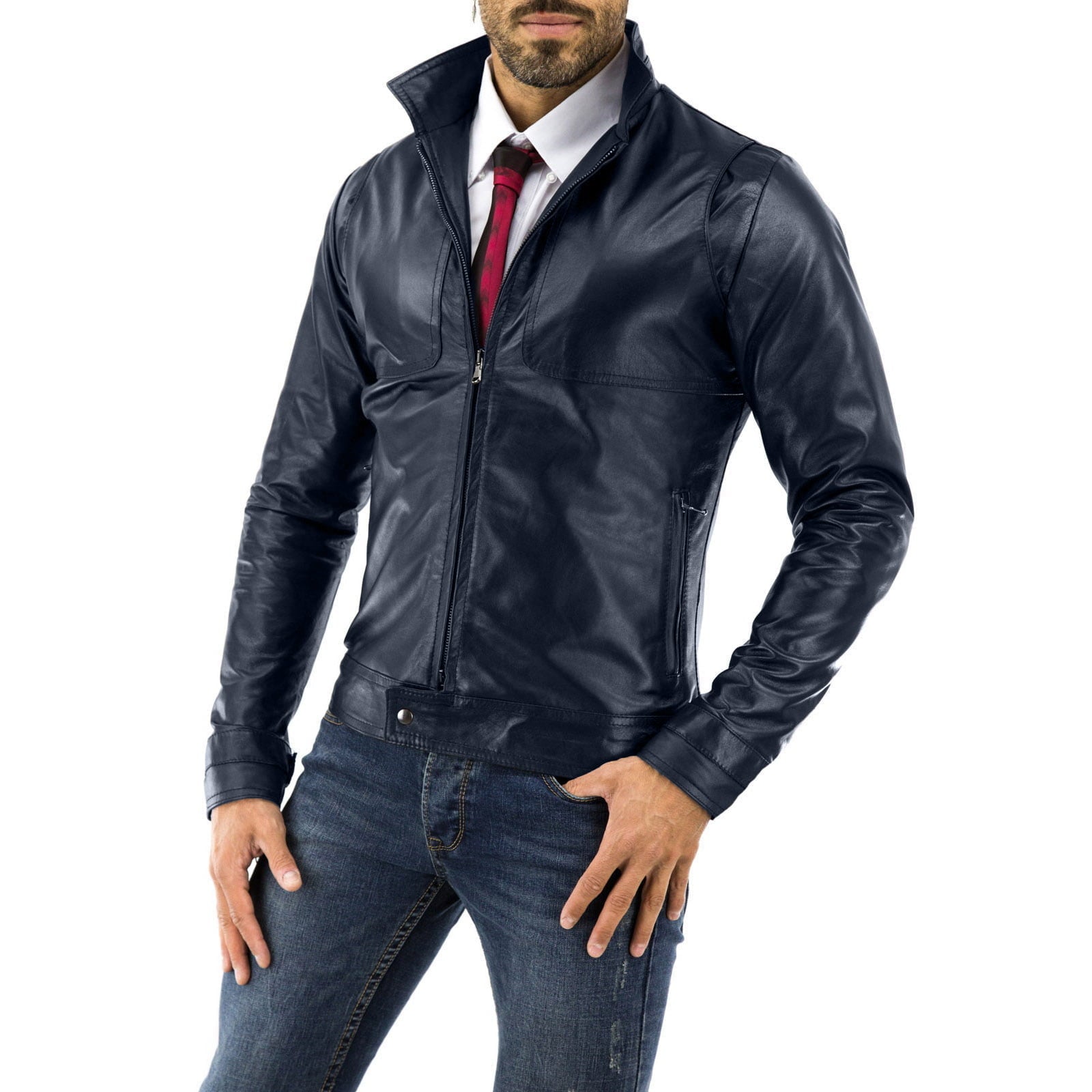 Slim Men's Brown Genuine Leather Biker Jacket With Rindway Chest Stitching