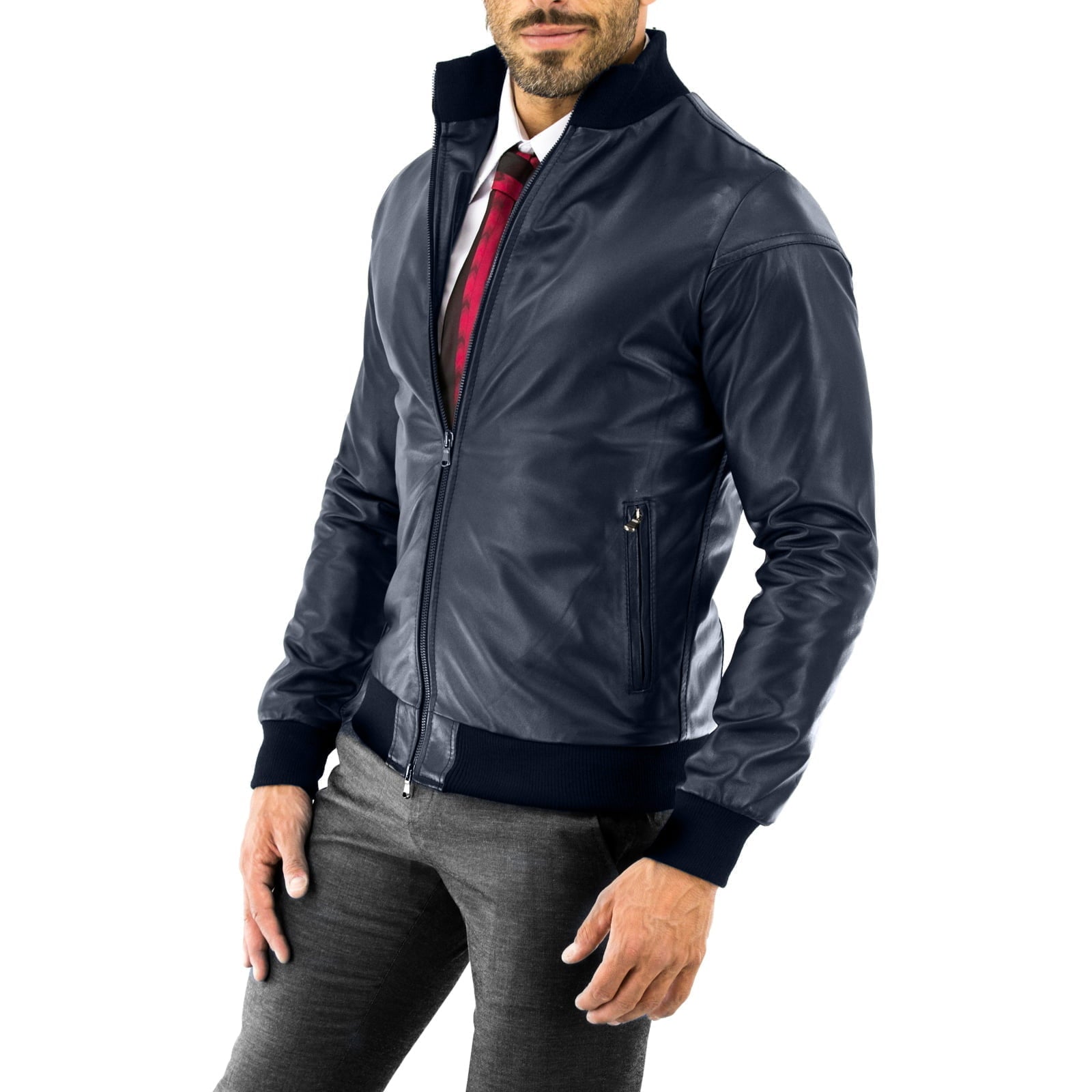 Men's Blue Genuine Leather Bomber Jacket With Lines On The Back Rindway