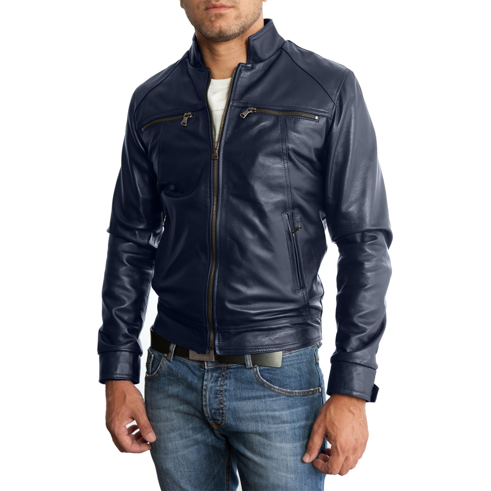 Rindway Men's Blue Genuine Leather Biker Jacket Slim Four Pockets