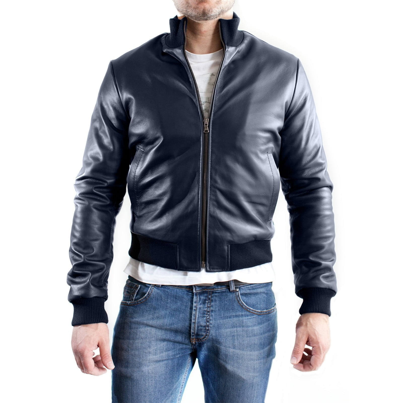 Bomber Jacket in Genuine Blue Leather for Men Slim Rindway Wool Collar and Cuffs