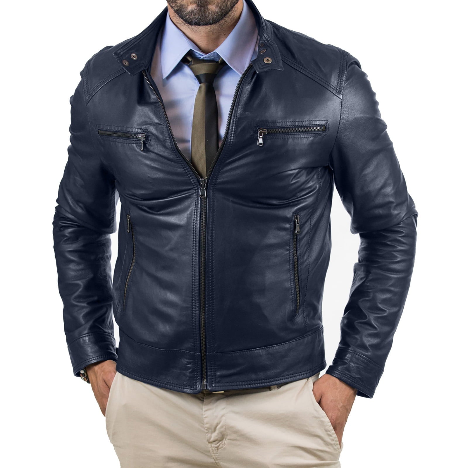 Men's Blue Genuine Leather Biker Jacket Slim Four Pockets Rindway Zipper