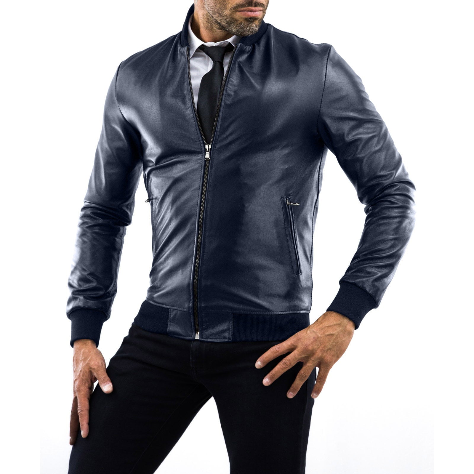 Rindway Slim Men's Blue Genuine Leather Bomber Jacket College Collar