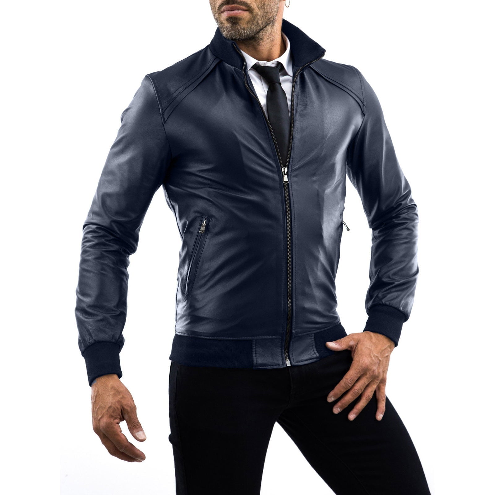 Slim Men's Blue Genuine Leather Bomber Jacket With Rindway Shoulder Detail