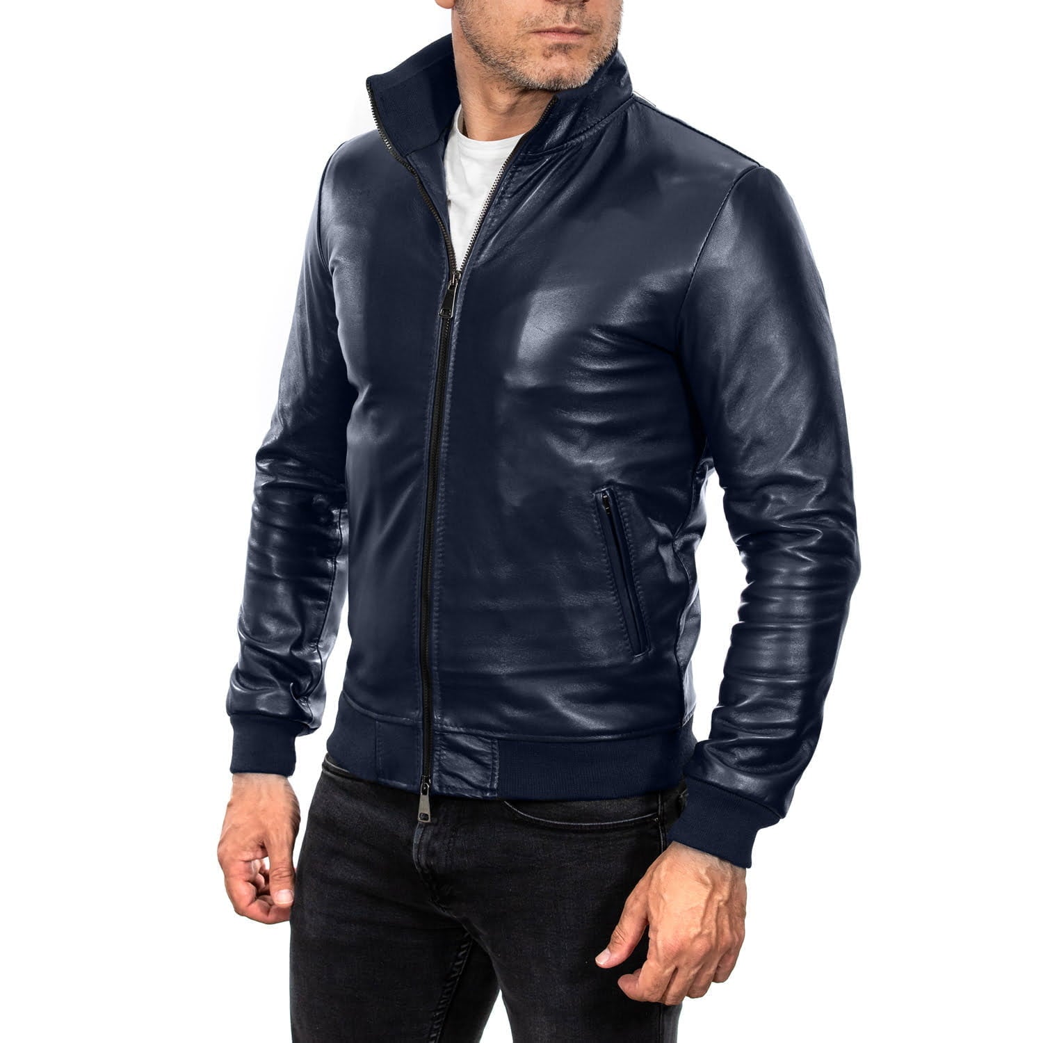 Rindway Men's Blue Genuine Leather Bomber Jacket with Jersey and Leather Collar