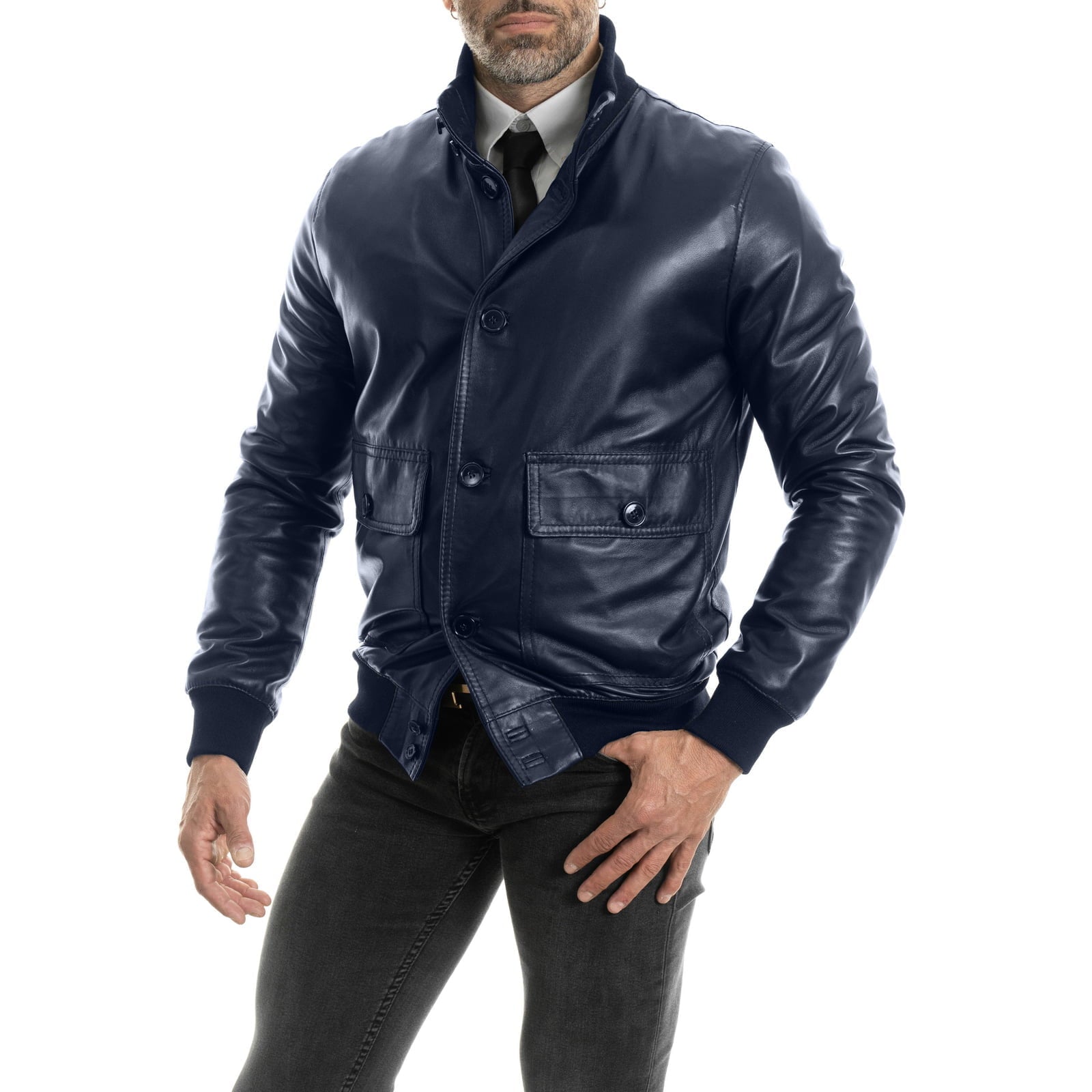 Slim Men's Blue Genuine Leather Bomber Jacket With Big Rindway Pockets