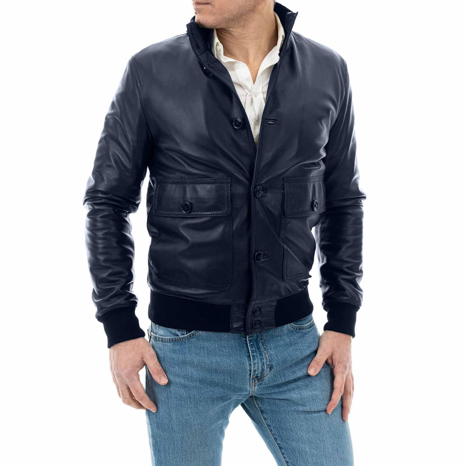 Slim Men's Bomber Jacket With Buttons In Genuine Blue Leather With Big Pockets Rindway