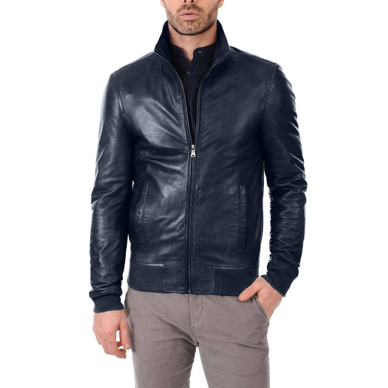 Rindway Men's Blue Genuine Leather Bomber Jacket with Open Pockets