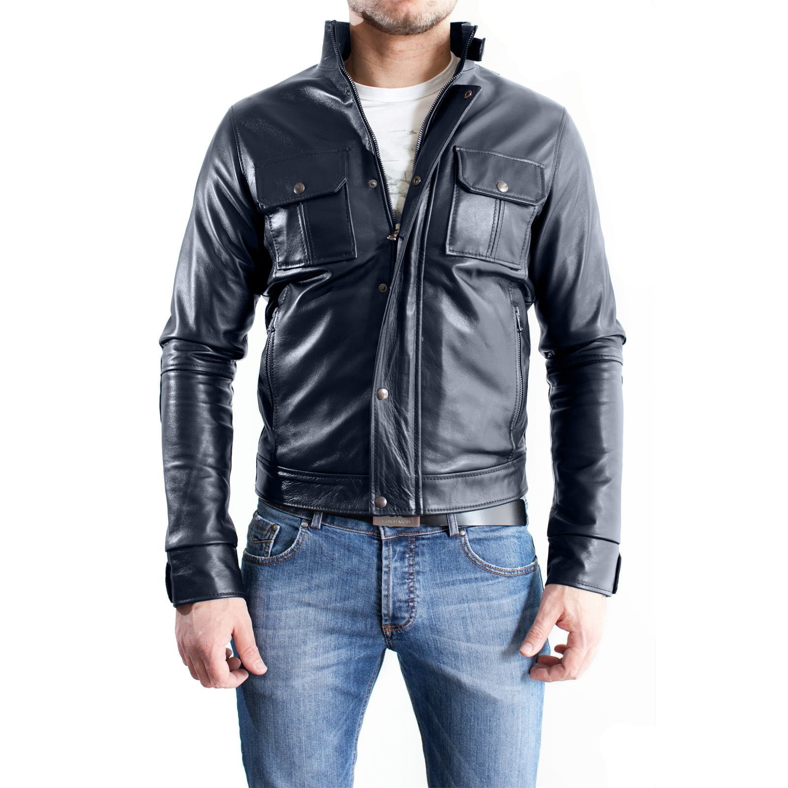 Giacca Biker In Vera Pelle Blu Uomo Slim Collo Con Linguetta Rindway