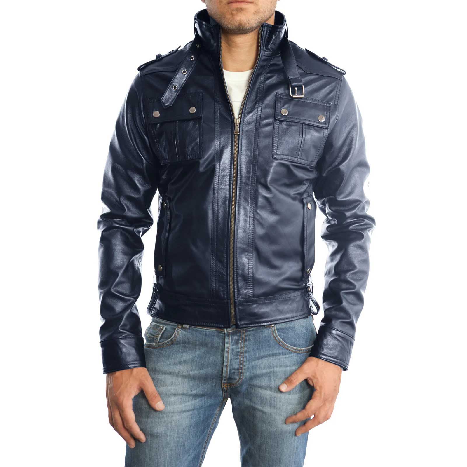 Rindway Men's Blue Genuine Leather Biker Jacket Slim Four Pockets Buttons