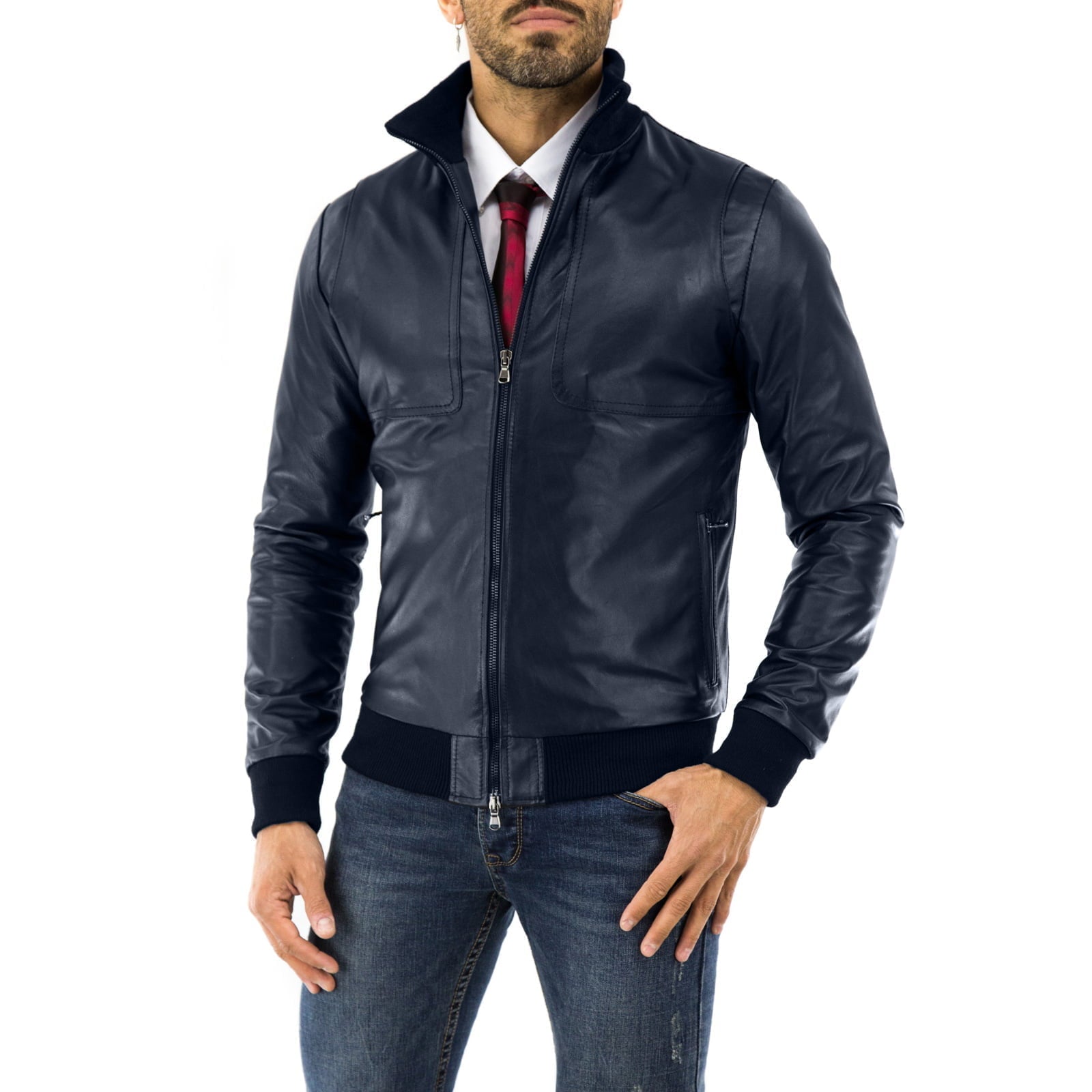 Men's Blue Genuine Leather Bomber Jacket with Rindway Embroidery on the Chest