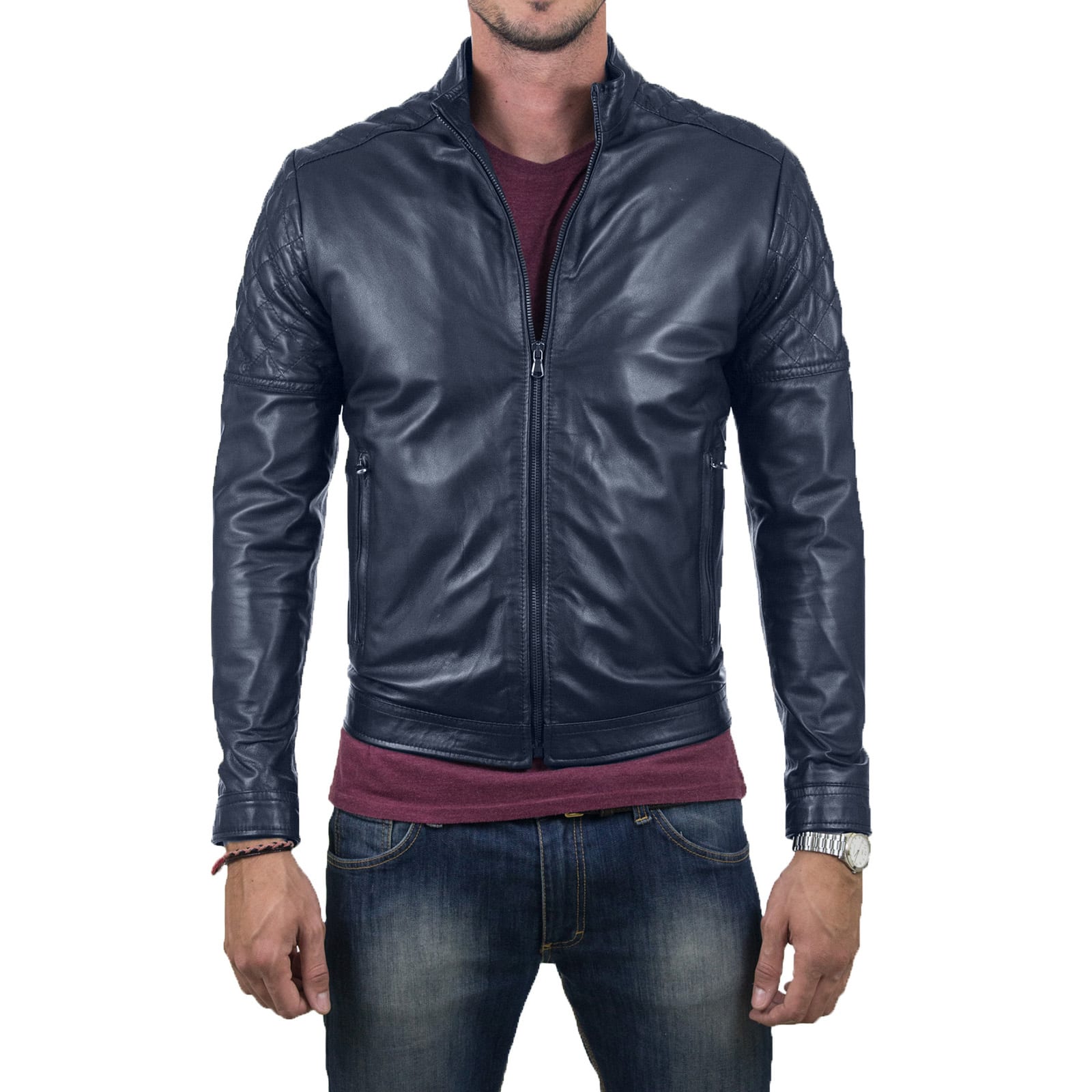 Slim Men's Brown Genuine Leather Biker Jacket With Diamond Arms and Shoulders Rindway