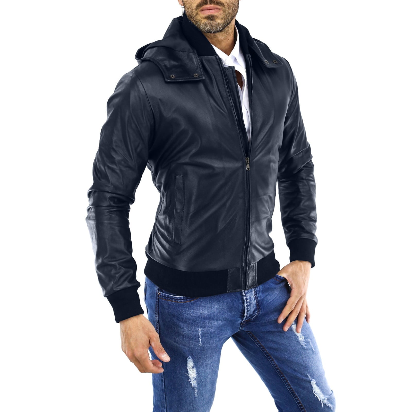 Bomber Giubbotto In Vera Pelle Blu Uomo Con Cappuccio Removibile Rindway