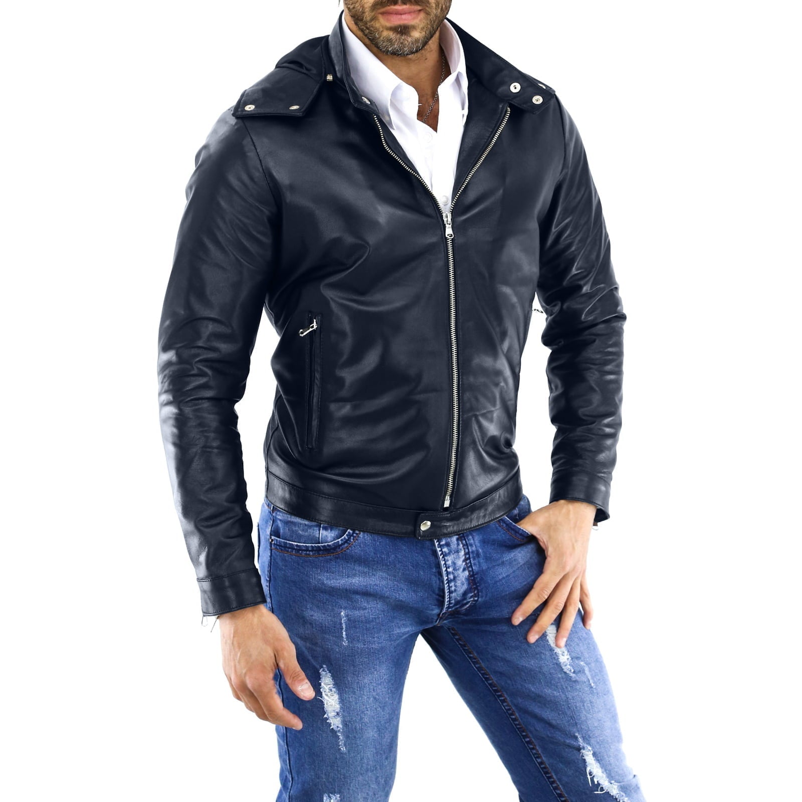 Rindway Men's Blue Genuine Leather Biker Jacket with Removable Hood