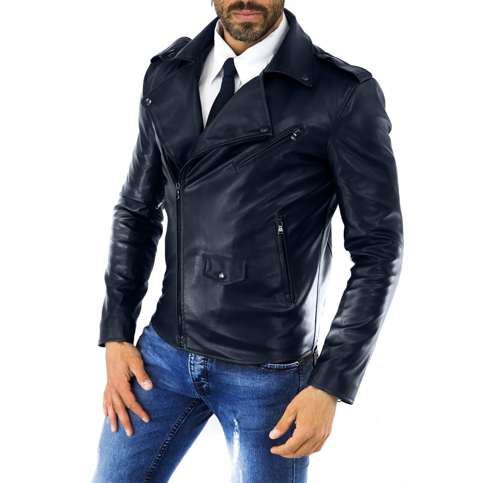 Chiodo Biker In Vera Pelle Blu Uomo Slim Accessori Scuri Rindway