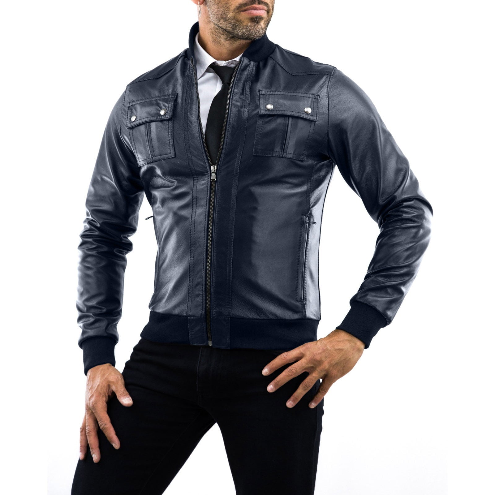 Men's Blue Genuine Leather Bomber Jacket with Chest Pockets Rindway Buttons