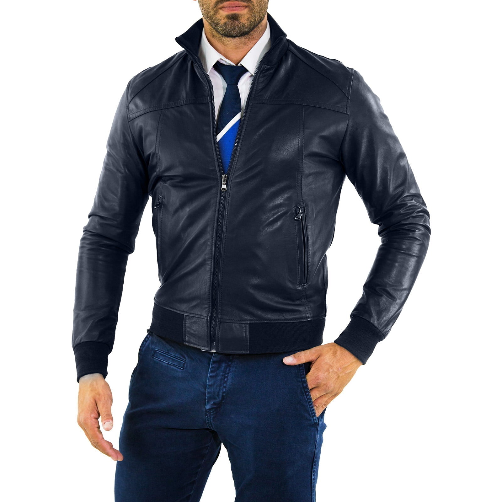 Men's Blue Genuine Leather Bomber Jacket with Rindway Knitted Cuffs, Neck Waist