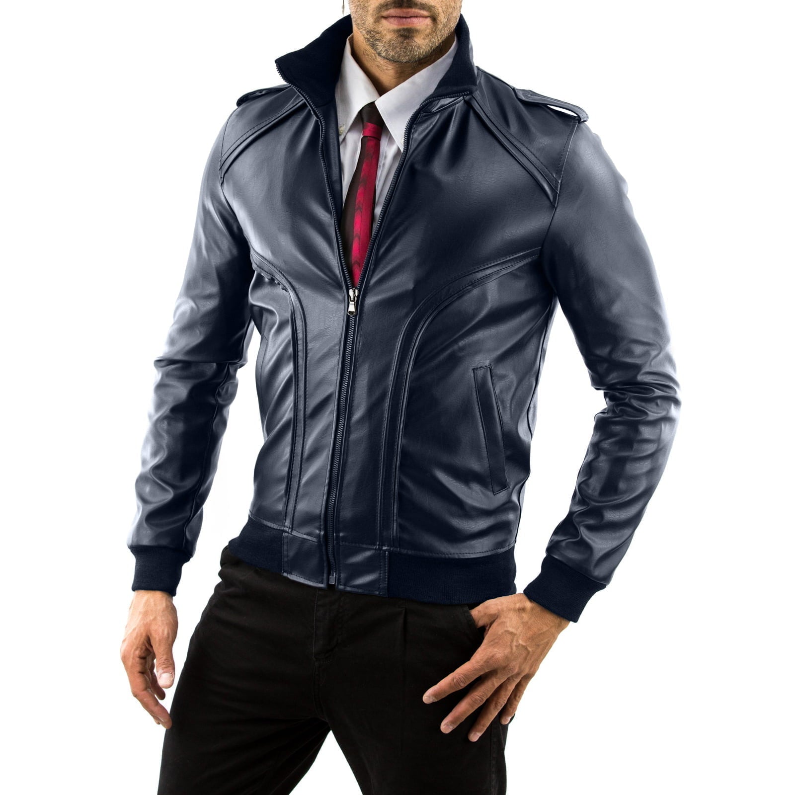 Men's Blue Genuine Leather Bomber Jacket With Rindway Front Details