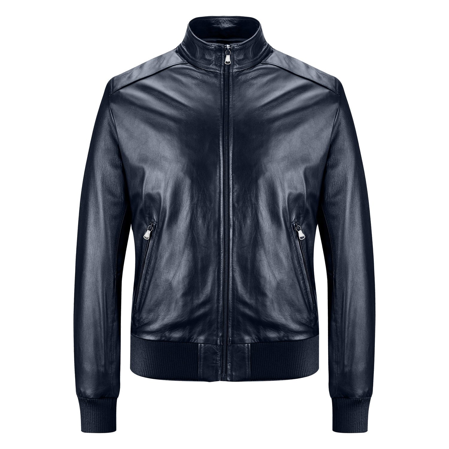 Bomber Jacket in Genuine Leather Blue Men Zip Up to the Neck Rindway