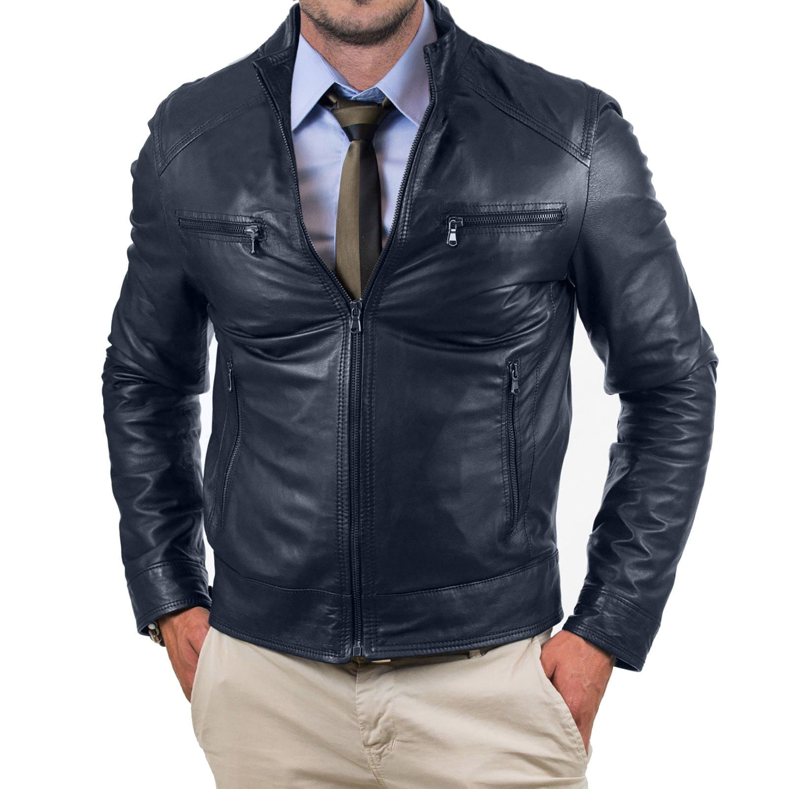 Rindway Men's Blue Genuine Leather Biker Jacket Slim Four Pockets