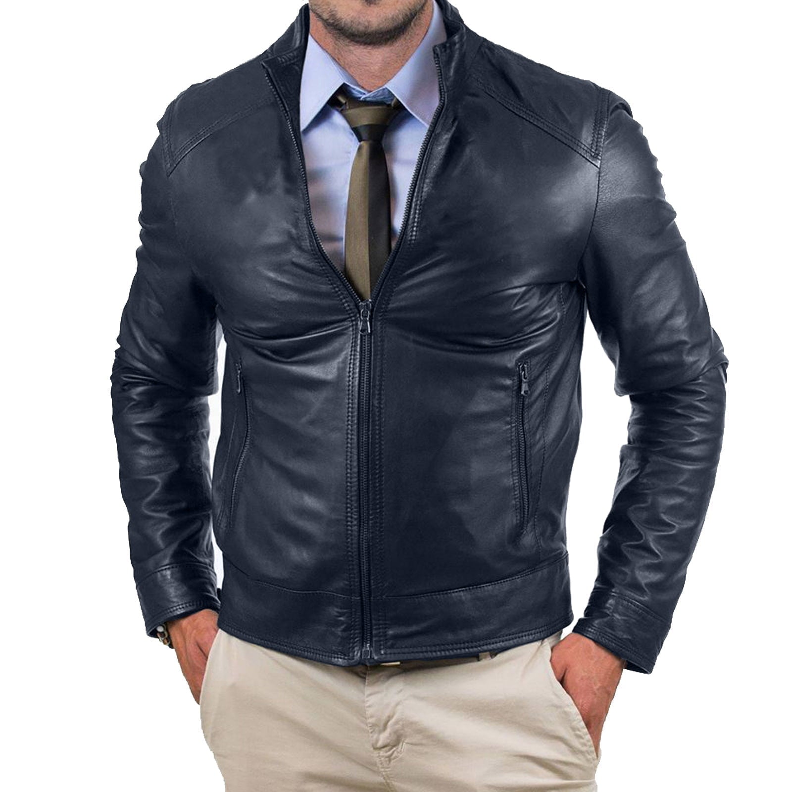 Rindway Men's Blue Genuine Leather Biker Jacket Slim Zip Up to the Neck