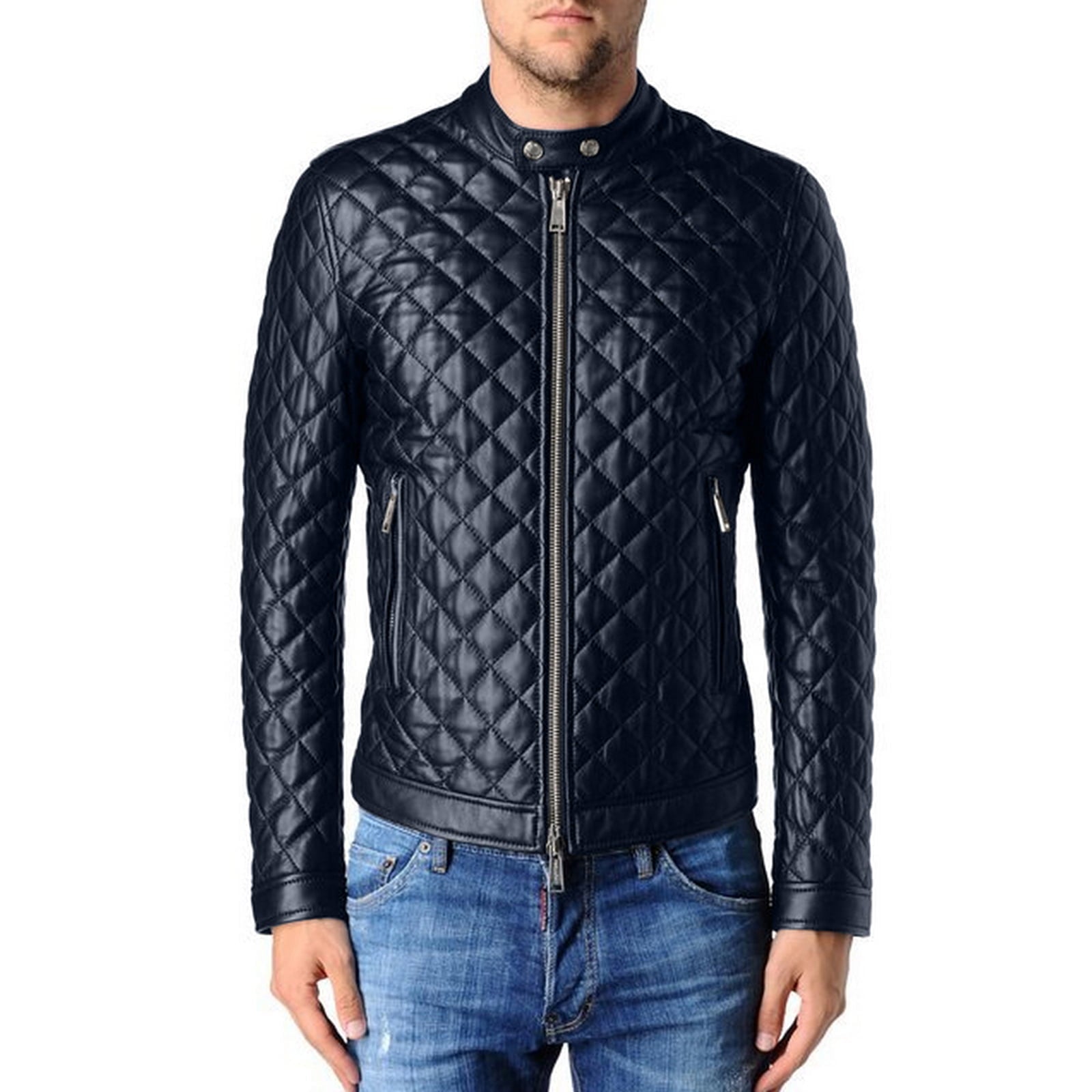 Rindway Diamond Quilted Blue Genuine Leather Biker Jacket for Men