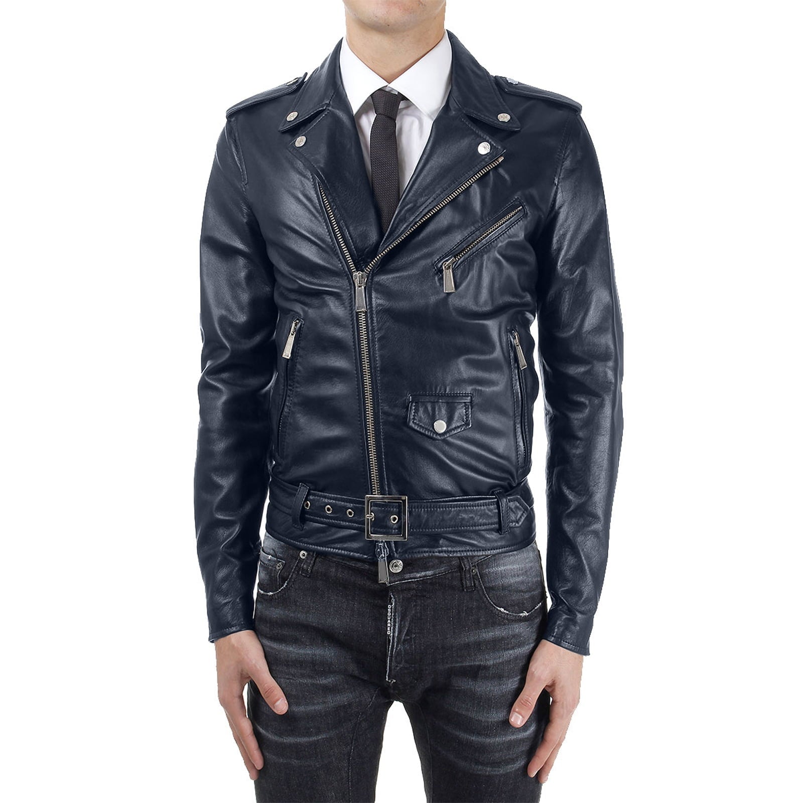 Chiodo Biker In Vera Pelle Blu Uomo Slim Con Fibbia Quadrata Rindway