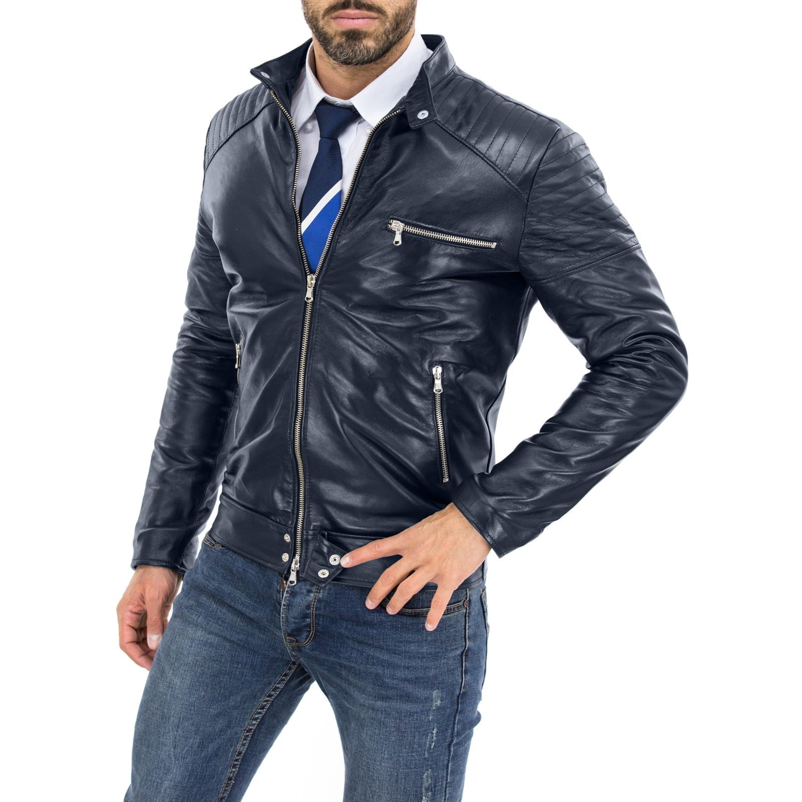 Giacca Biker In Vera Pelle Blu Uomo Slim Linee Spalle Accessori Argento Rindway