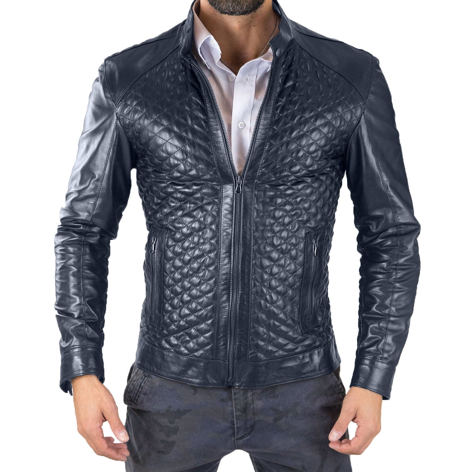 Giacca Biker In Vera Pelle Marrone Uomo Slim Trapuntato Rombi Piccoli Rindway