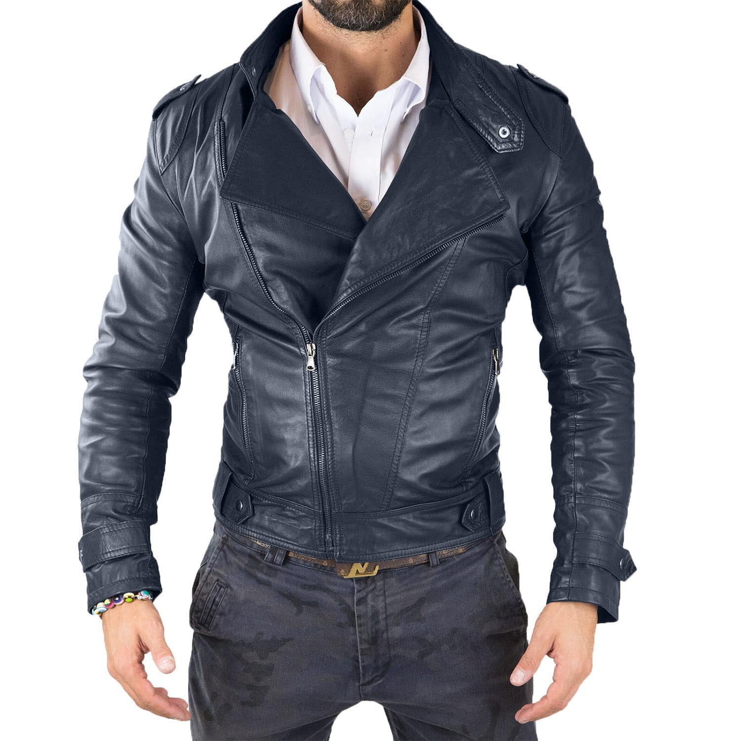 Men's Biker Jacket in Genuine Blue Leather Slim Corena Collar with Rindway Button