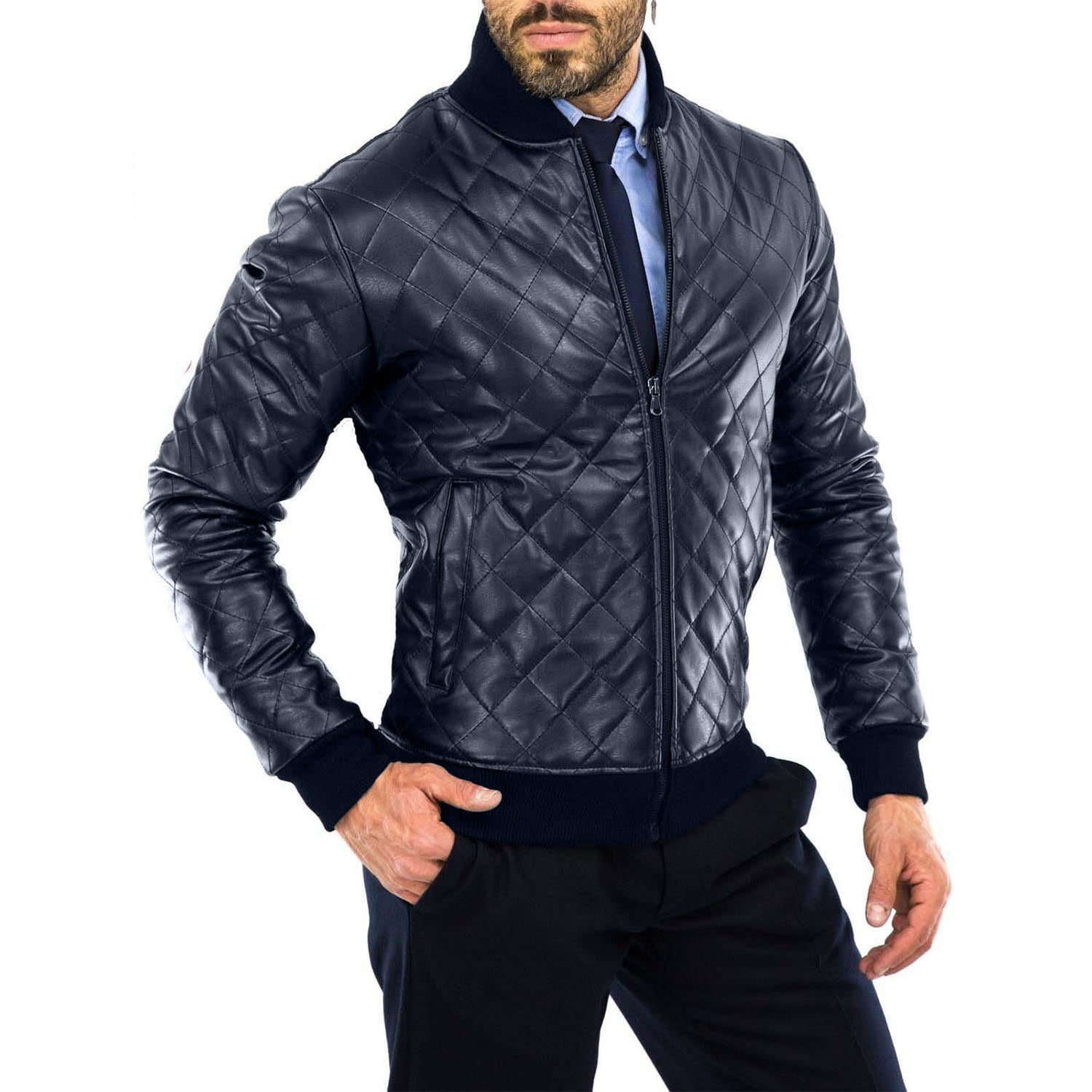 Rindway Diamond Quilted Blue Genuine Leather Bomber Jacket for Men