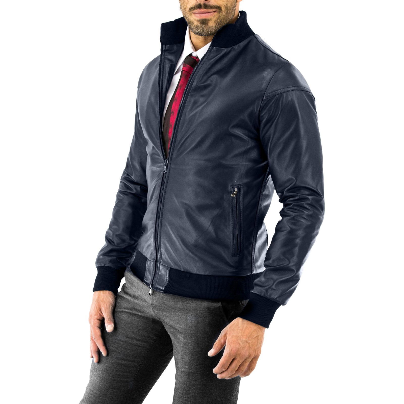 Bomber Giubbotto In Vera Pelle Blu Uomo Slim Fit tasche con cerniera Oultet Rindway