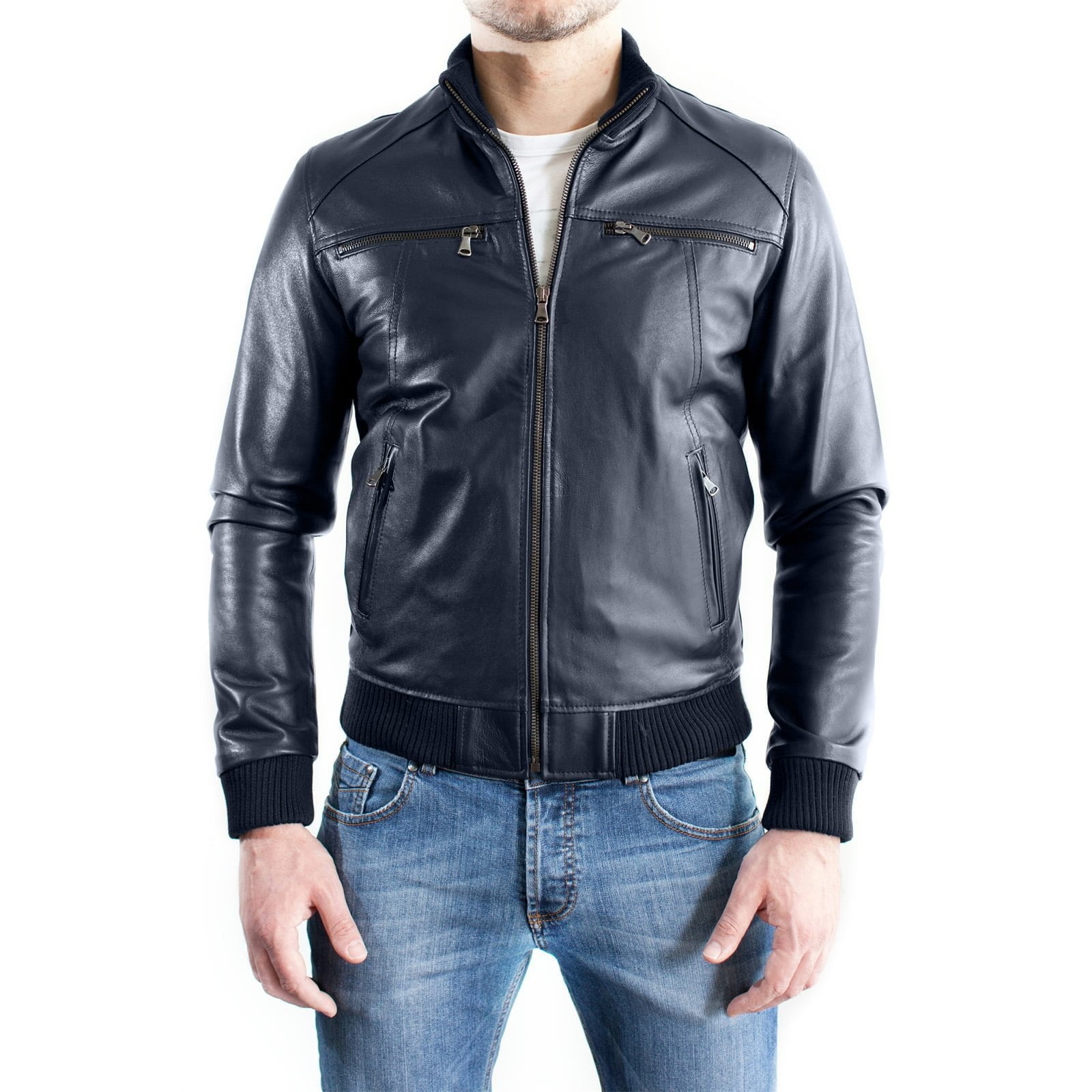 Men's Blue Genuine Leather Bomber Jacket with Four Rindway Zipper Pockets