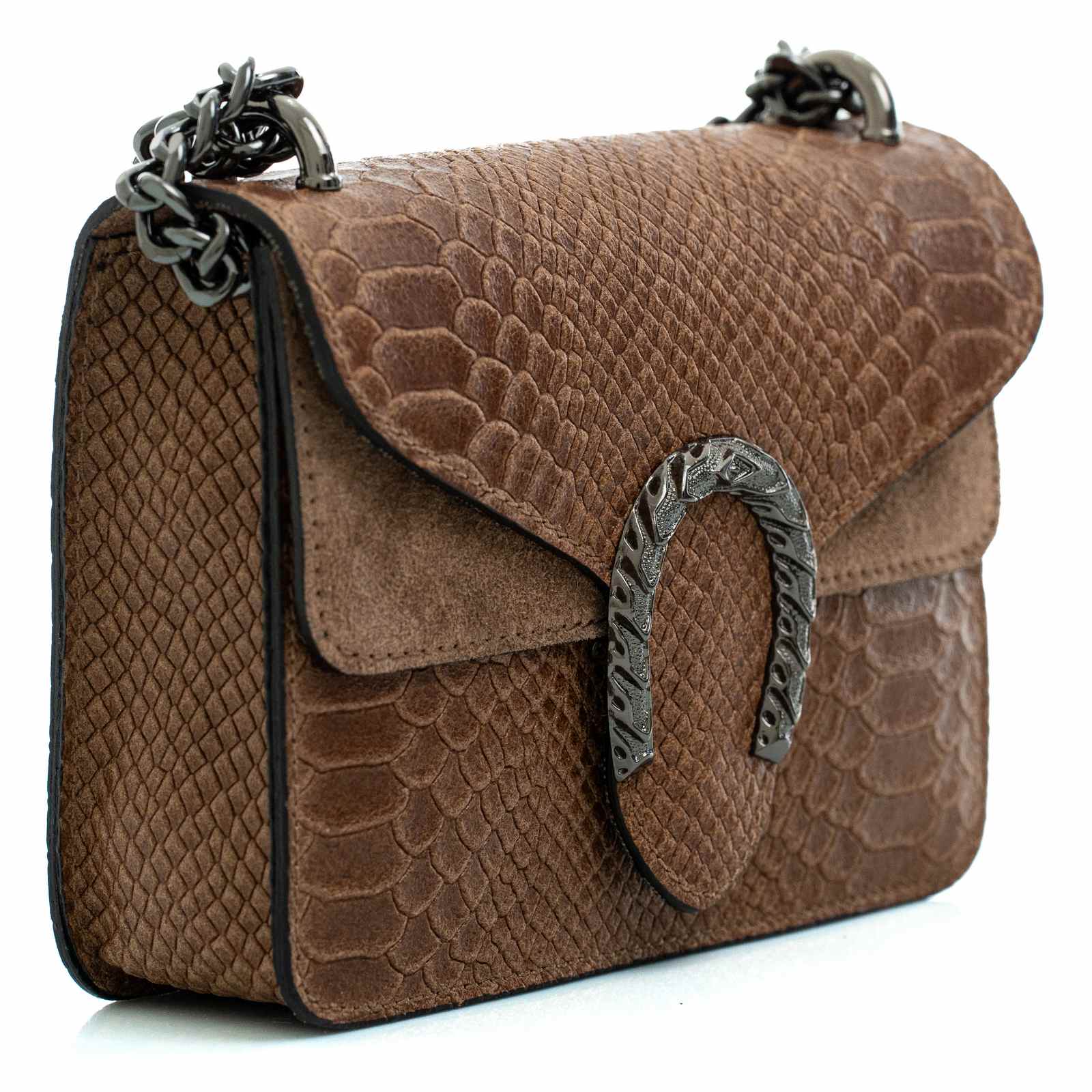 Borsa A Tracolla Con Catena Scorrevole In Vera Pelle Donna Stampa Anaconda Rindway