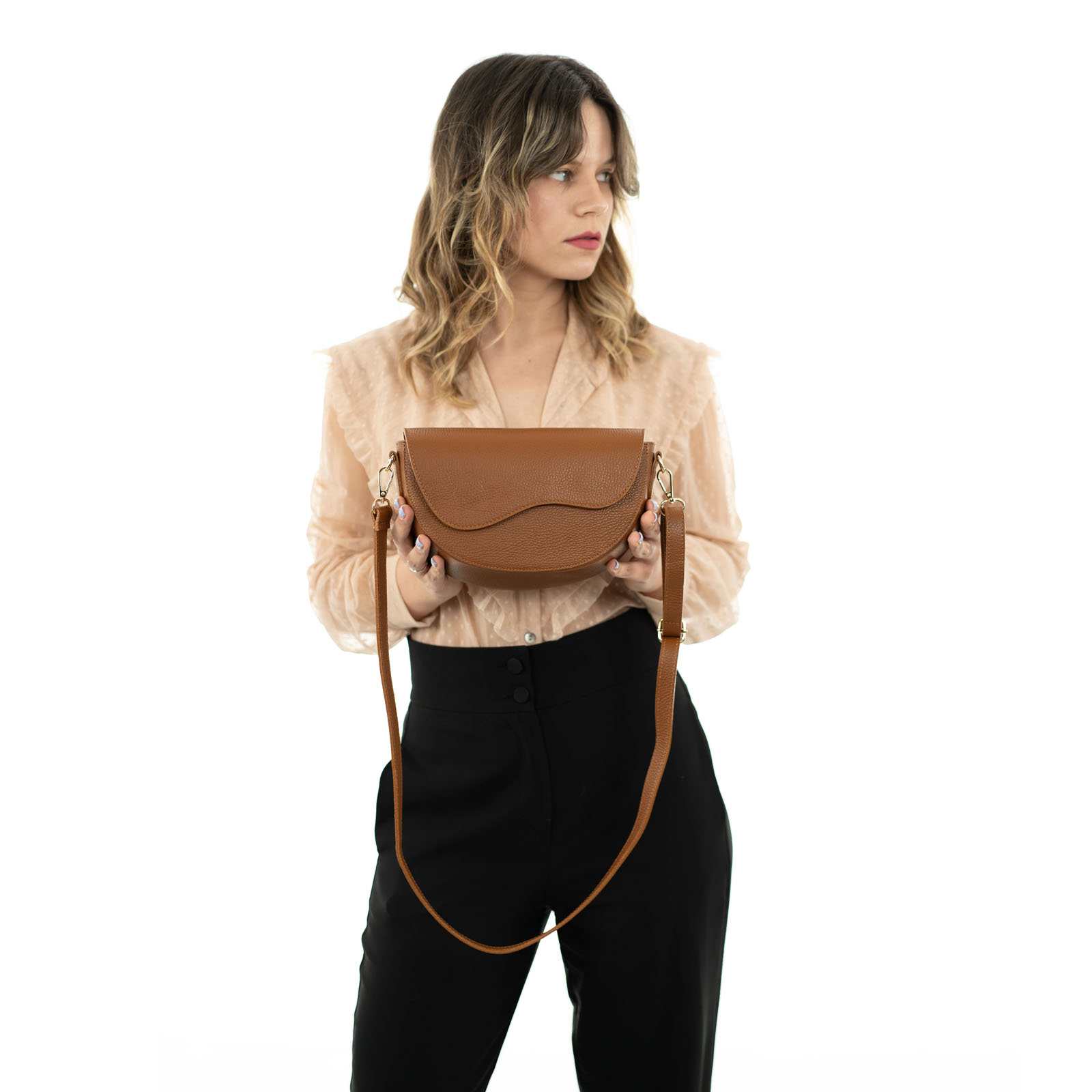 Half Moon Shoulder Bag In Genuine Leather Women With Flap Rindway