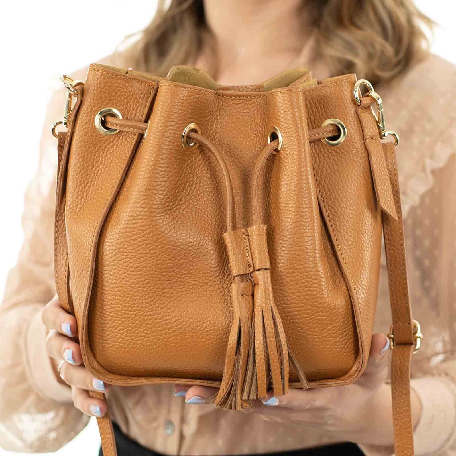 Bucket Bag In Genuine Leather Dollar Woman Medium Size Rindway