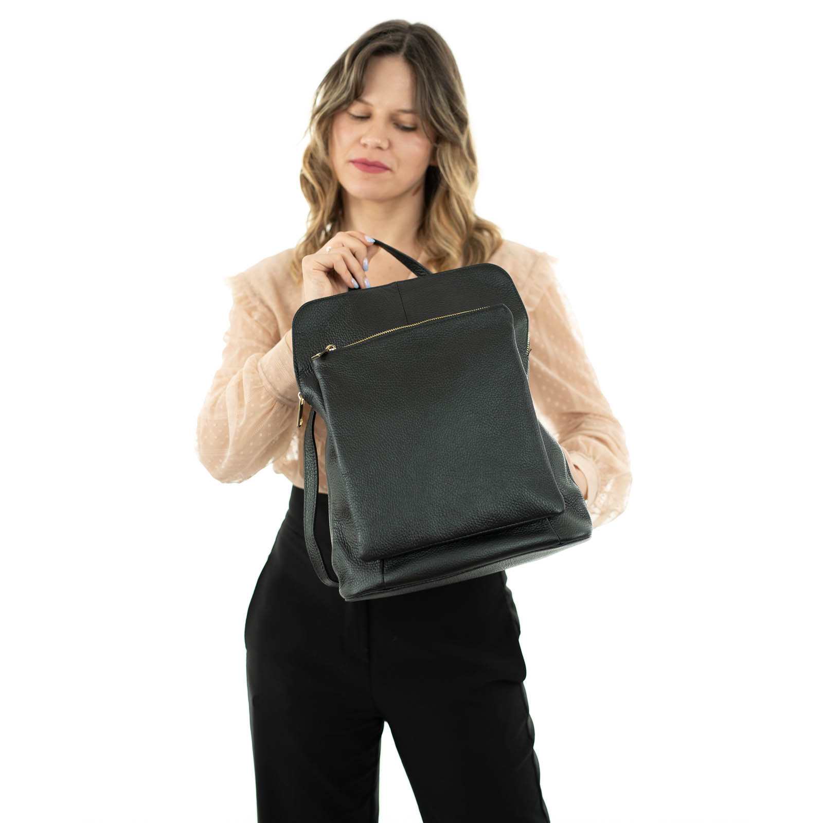 Zaino Borsa Grande In Vera Pelle Donna Dettagli Oro Rindway