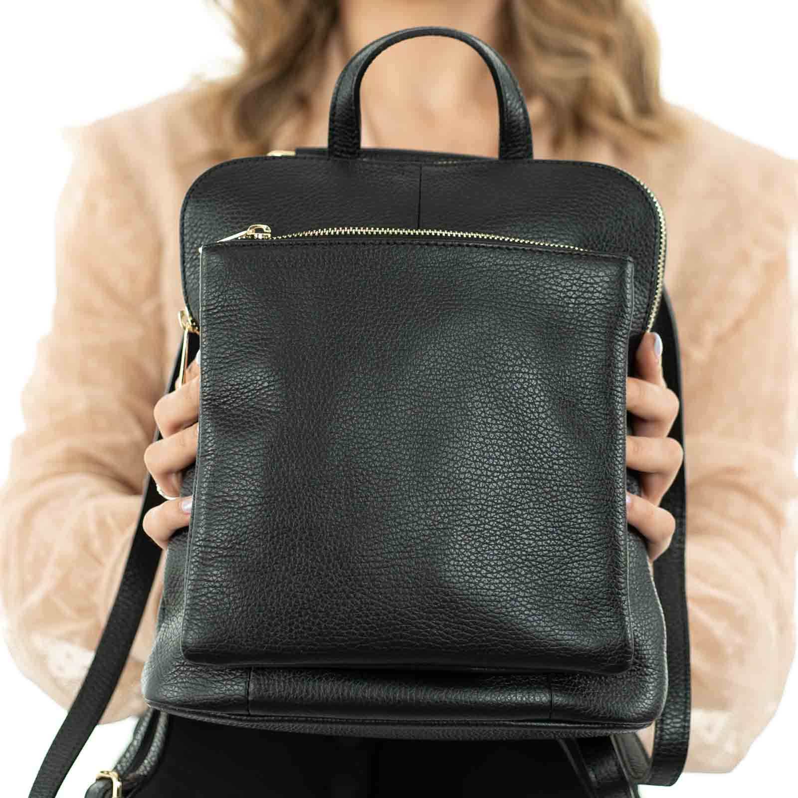 Medium Backpack Bag In Genuine Leather Women Gold Details Rindway