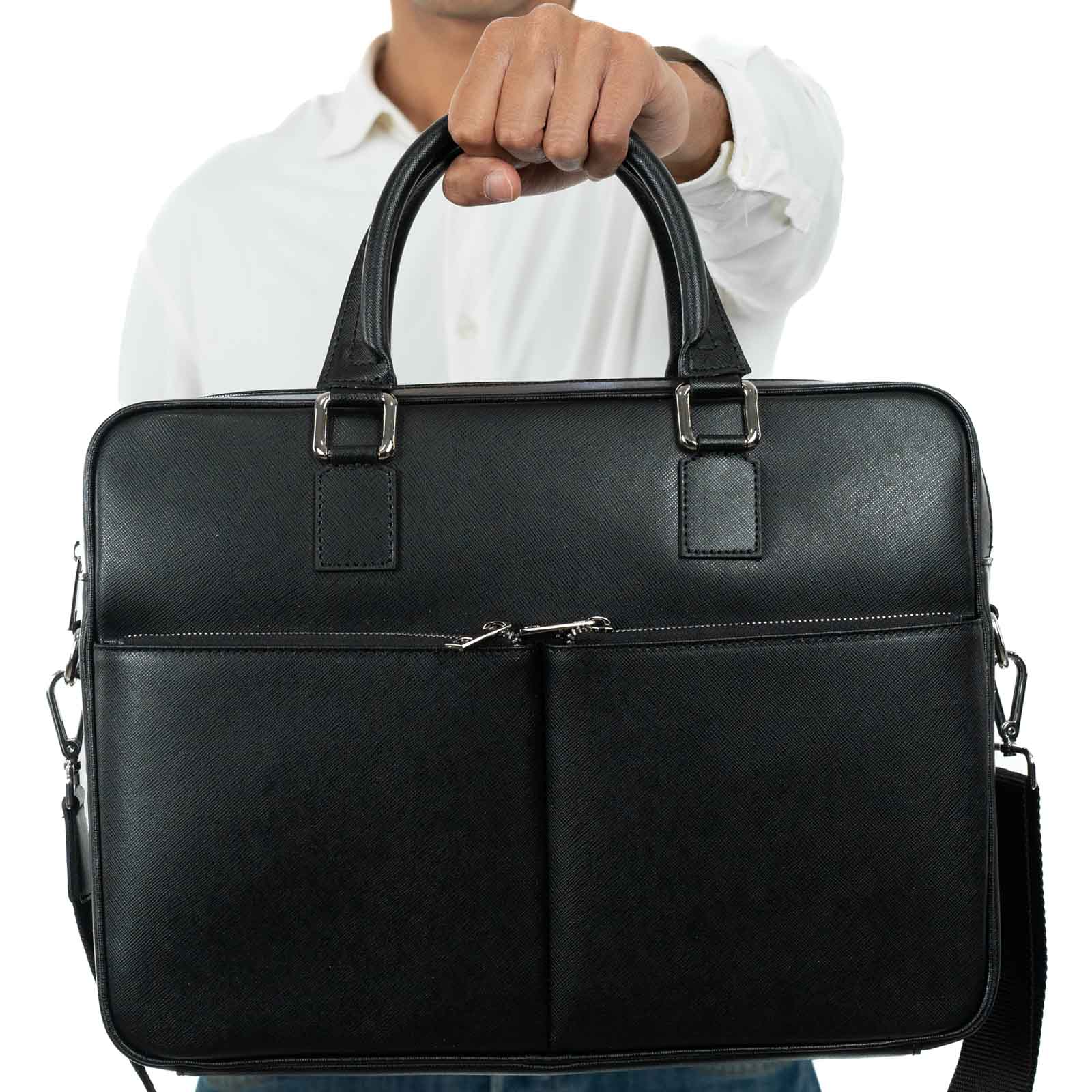 Genuine Leather Computer Document Bag for Men and Women with External Pockets Rindway