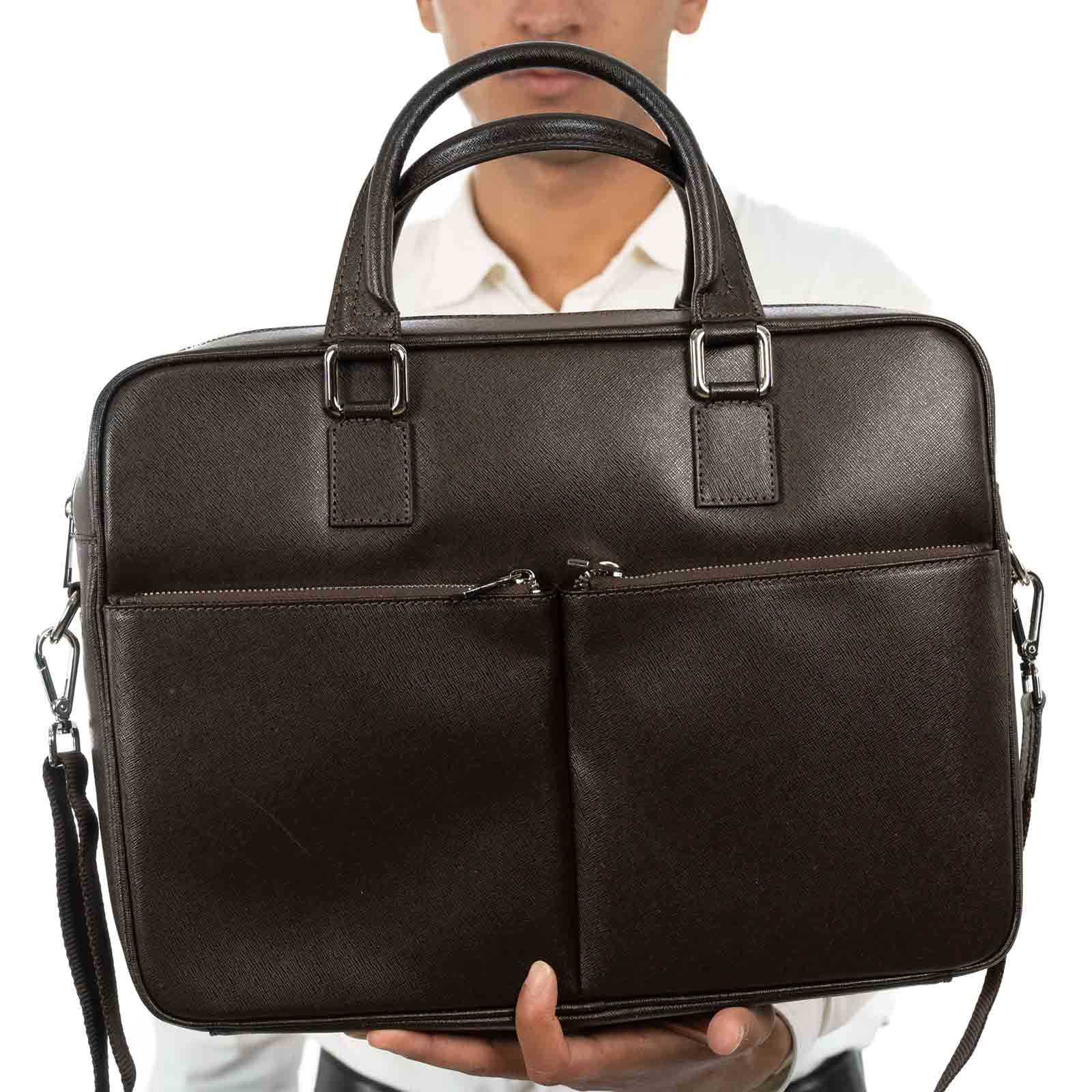 Genuine Leather Computer Document Bag for Men and Women with External Pockets Rindway