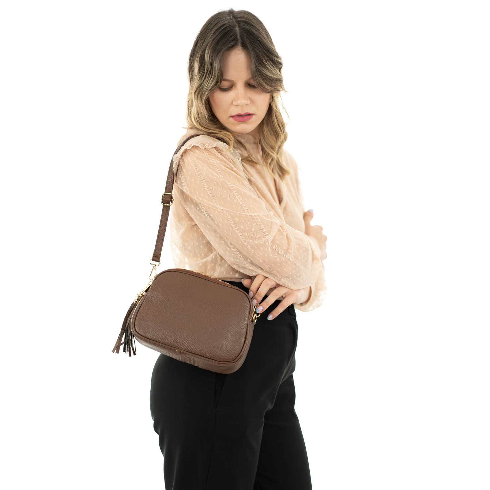 Borsa A Tracolla In Vera Pelle Donna Con Triplice Scomparto Rindway