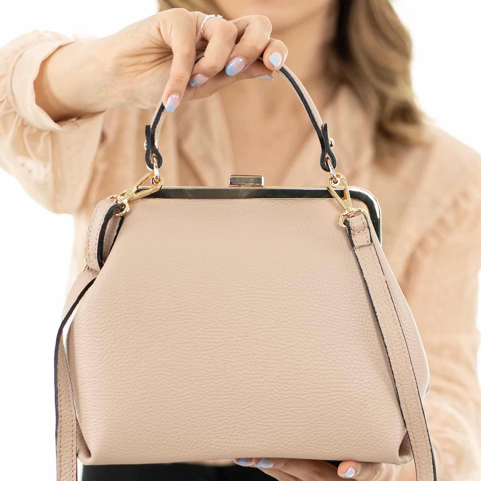 Women's Genuine Leather CLIP Closure Handbag with Gold Details Rindway