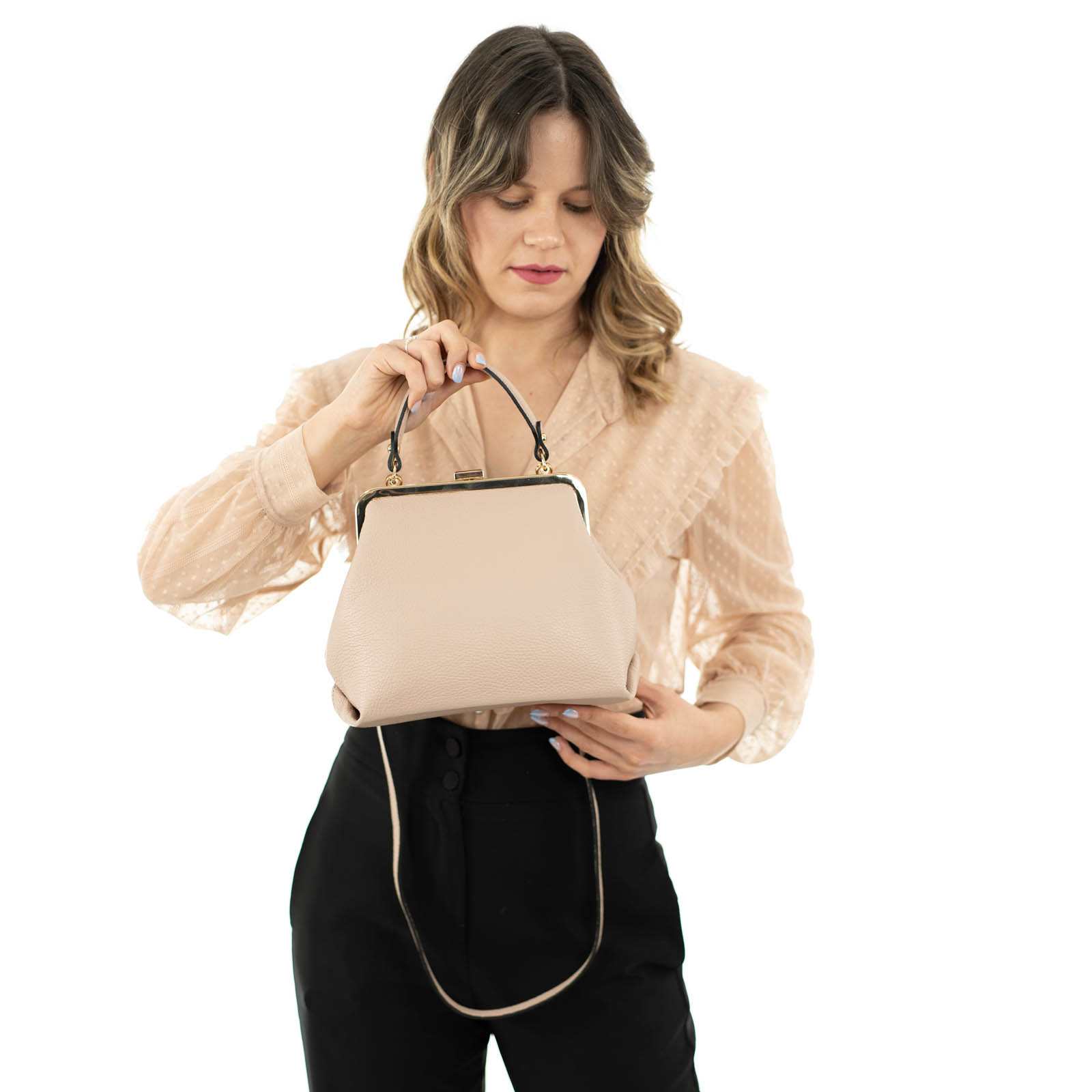 Borsa A Mano Chiusura CLIP In Vera Pelle Donna Dettagli Oro Rindway