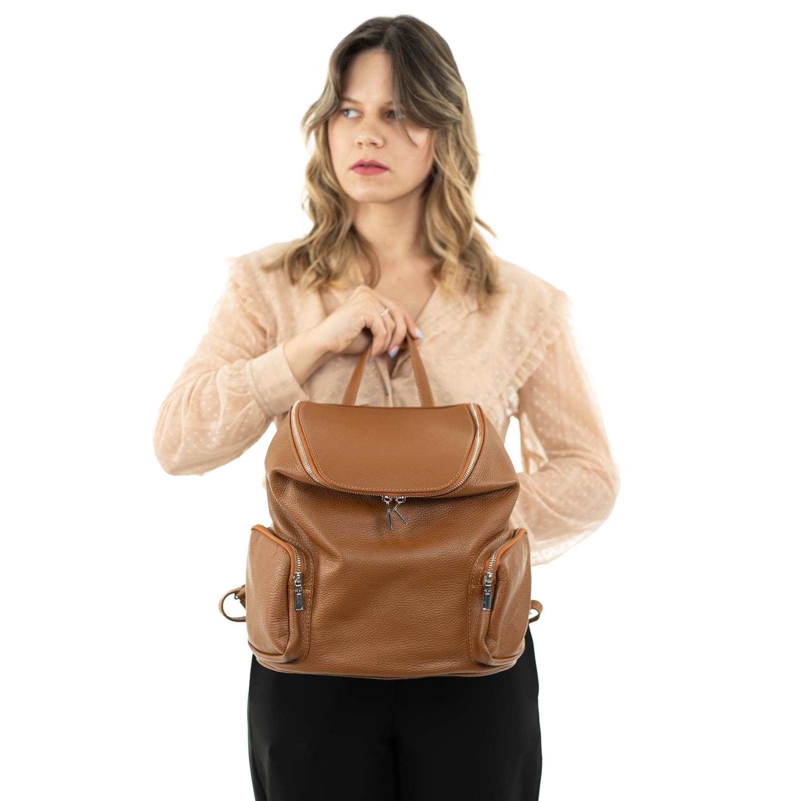 Rindway Genuine Leather Women's Backpack Bag Side Pockets With Zipper