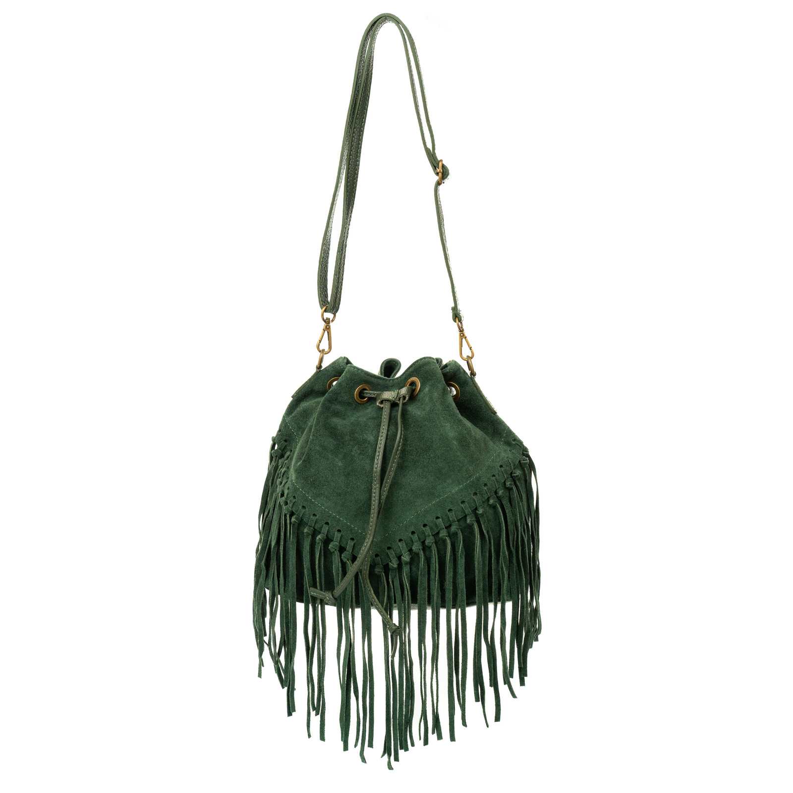 Rindway Women's Genuine Leather Suede Shoulder Bucket Bag With Fringes