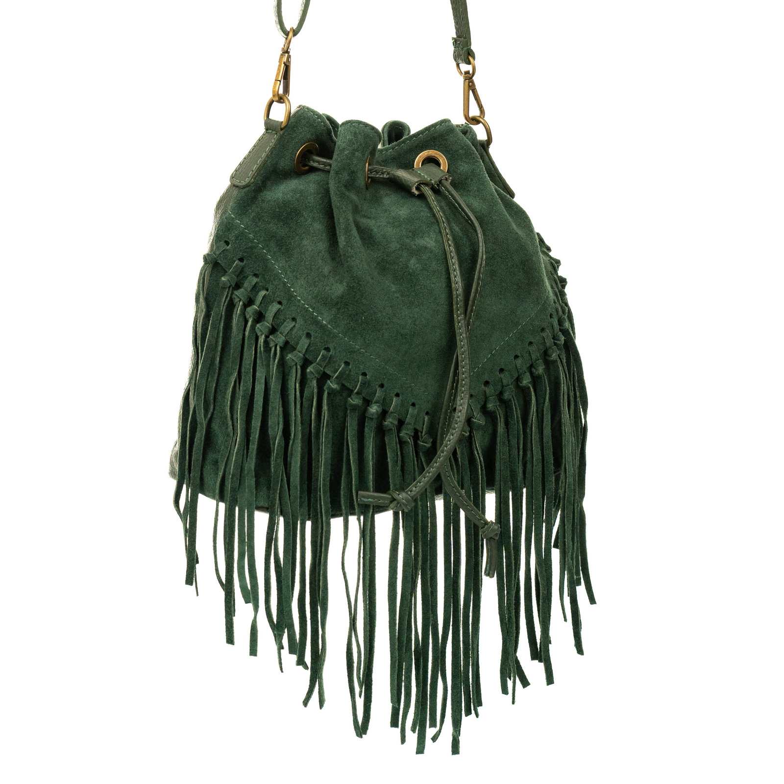 Rindway Women's Genuine Leather Suede Shoulder Bucket Bag With Fringes