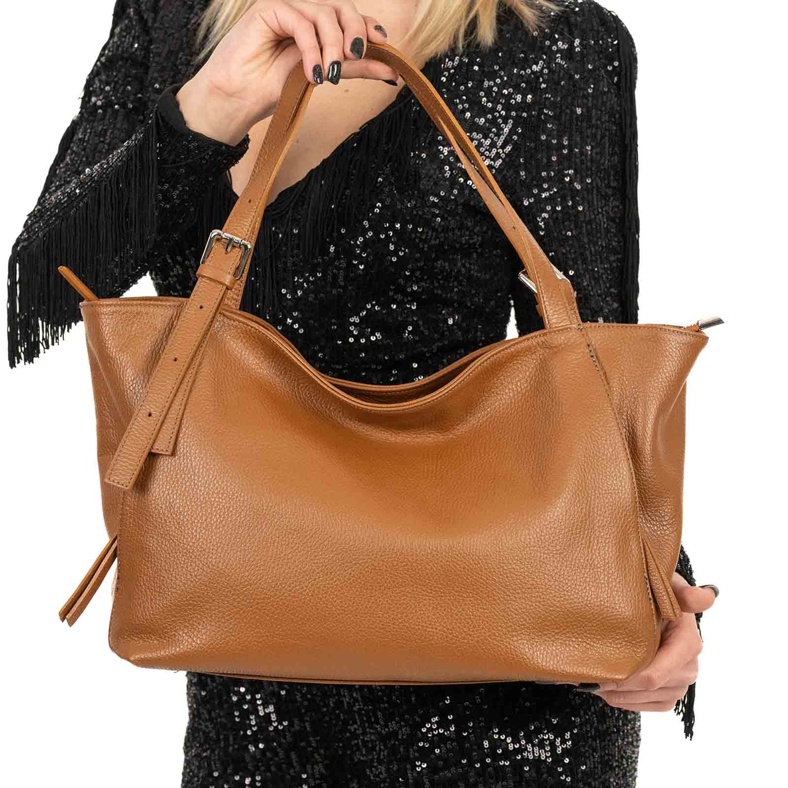 Borsa A Spalla In Vera Pelle Donna Con Tasche Laterali a Scomparsa Rindway