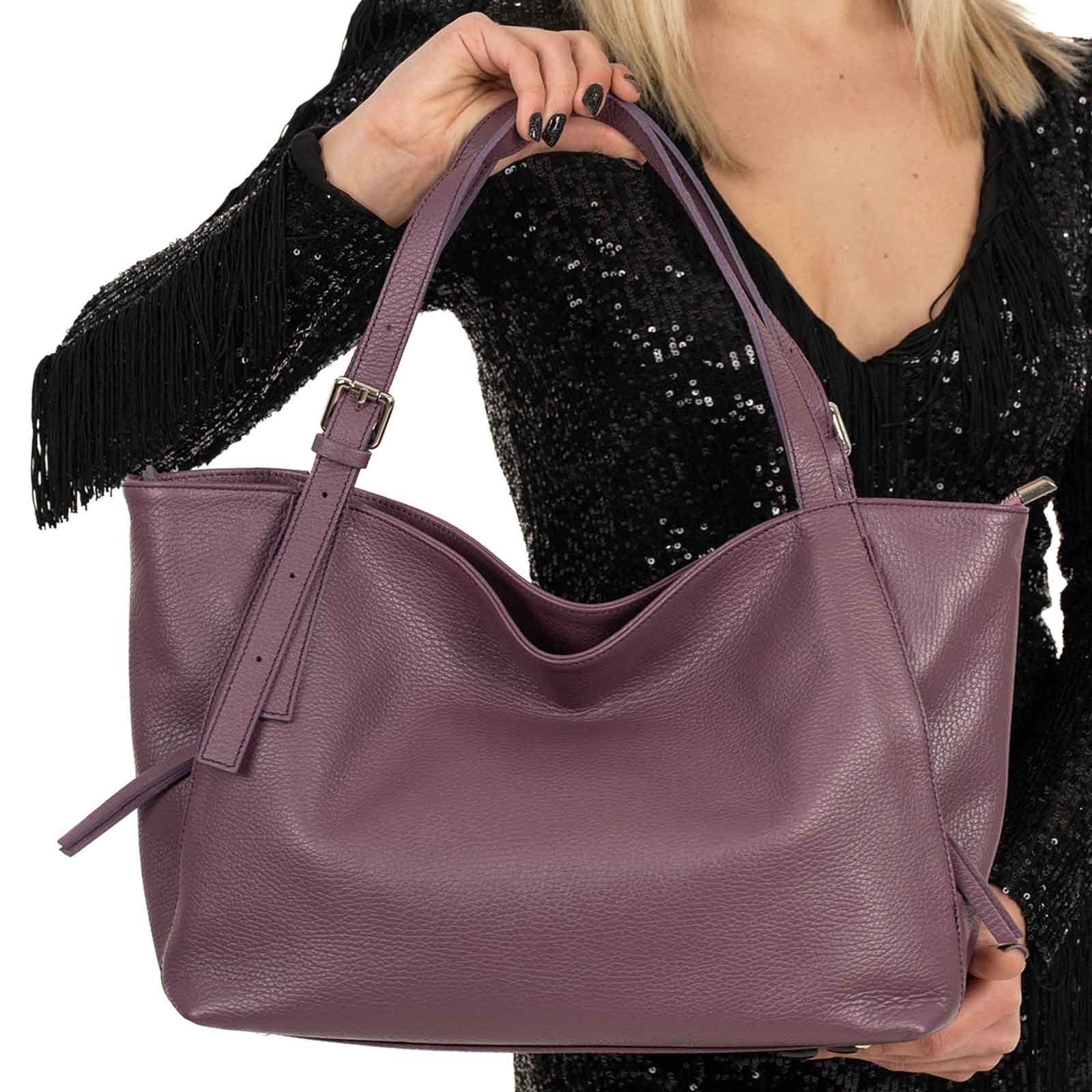 Borsa A Spalla In Vera Pelle Donna Con Tasche Laterali a Scomparsa Rindway