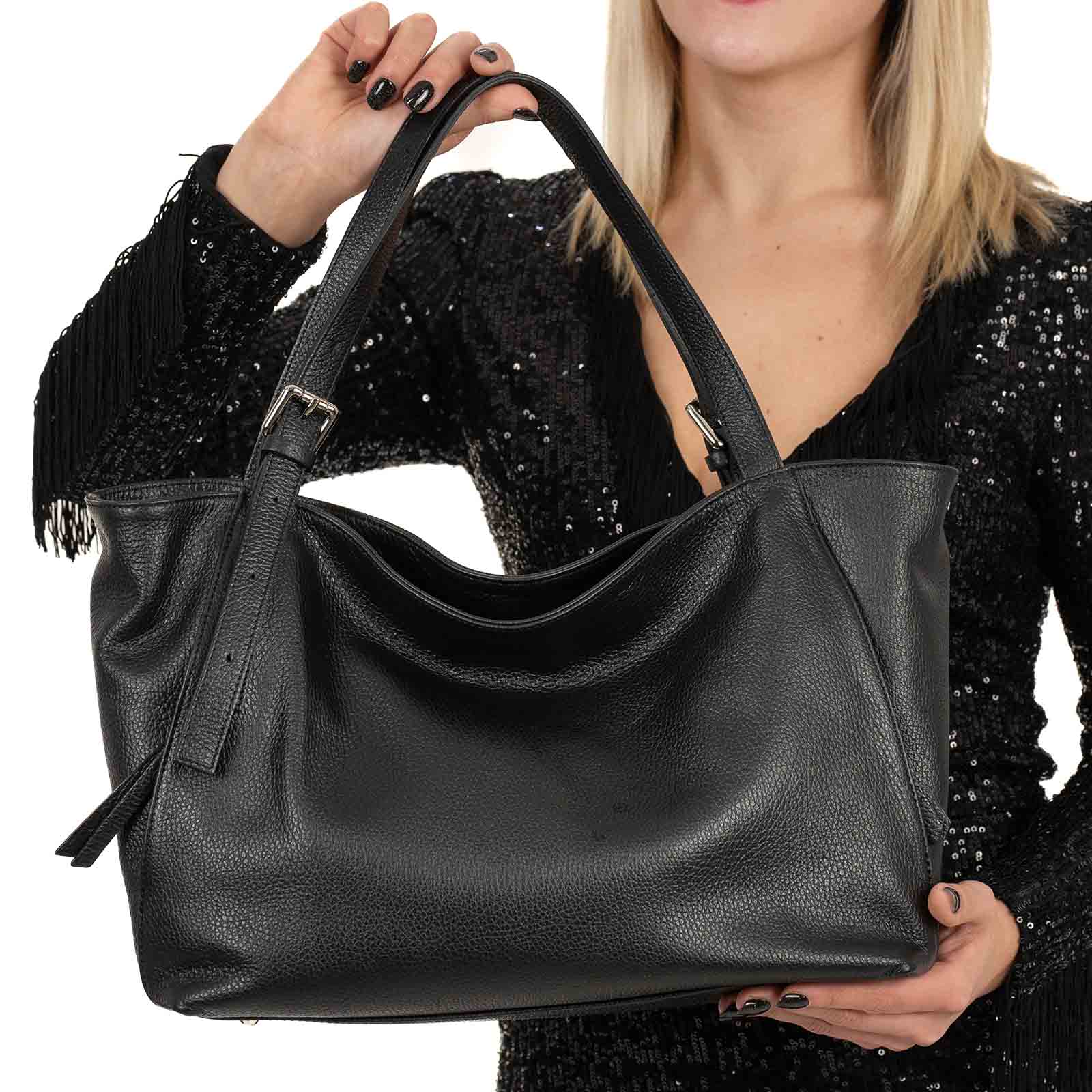 Borsa A Spalla In Vera Pelle Donna Con Tasche Laterali a Scomparsa Rindway